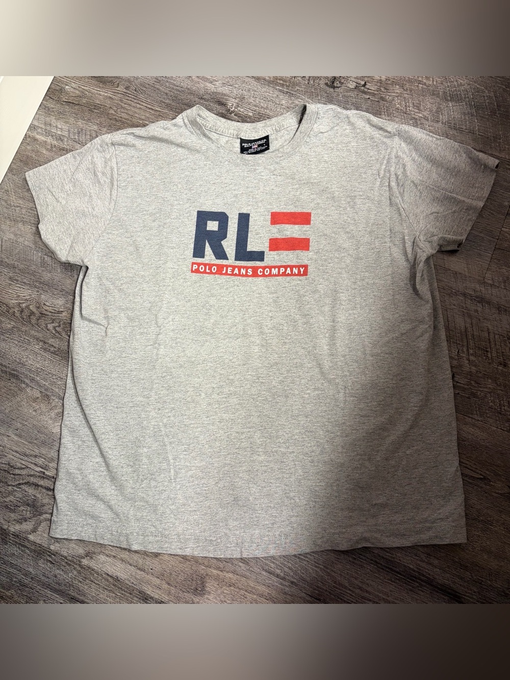 Vintage Polo Jeans Co. Ralph Lauren T-Shirt Gray Red White Blue Graphic Men's L
